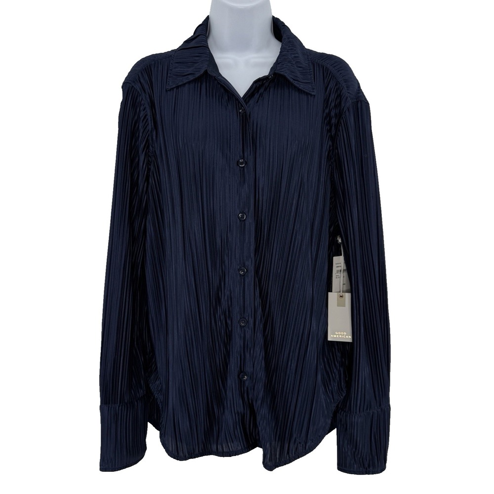 NWT Good American Pleated Satin Shirt XXS/XS Blue Rinse Navy Oversized
